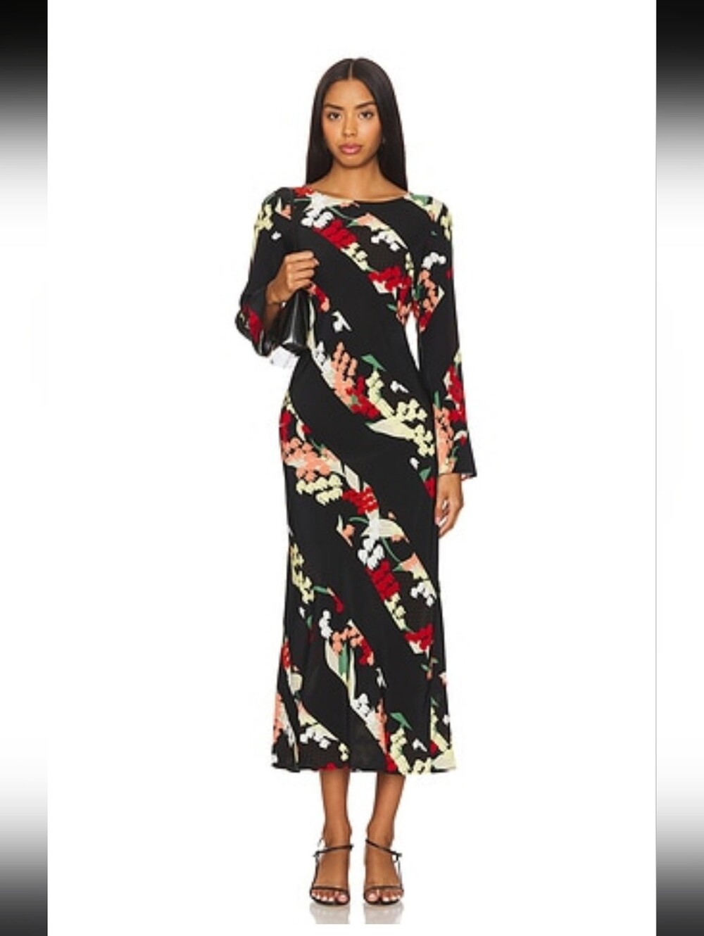 RIXO 100% Silk Black Floral Diagonal-Print Long Sleeve Maxi Dress